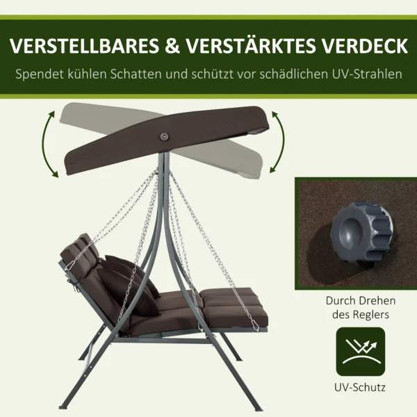 Hollywoodschommel 3 zits, schommelbank met verstelbaar zonnedak, met kussens, tot 270 kg belastbaar, metaal, texteline, bruin 5