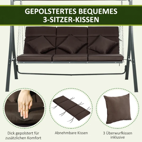 Hollywoodschommel 3 zits, schommelbank met verstelbaar zonnedak, met kussens, tot 270 kg belastbaar, metaal, texteline, bruin 8