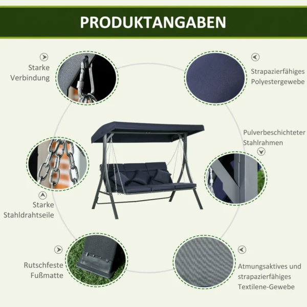 Hollywoodschommel 3 zitter, tot 270 kg belastbaar, schommelbank met verstelbaar zonnedak, tuinschommel met kussens 7