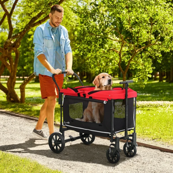 Hondenwagen hondenbuggy inklapbaar voor honden & katten tot 30 kg kattenbuggy met kussen netvensters 2 deuren opbergtas kattenwagen buggy rood 2