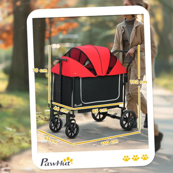 Hondenwagen hondenbuggy inklapbaar voor honden & katten tot 30 kg kattenbuggy met kussen netvensters 2 deuren opbergtas kattenwagen buggy rood 4