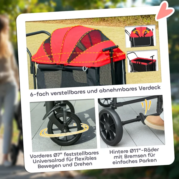 Hondenwagen hondenbuggy inklapbaar voor honden & katten tot 30 kg kattenbuggy met kussen netvensters 2 deuren opbergtas kattenwagen buggy rood 7
