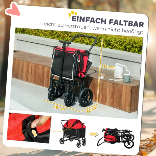 Hondenwagen hondenbuggy inklapbaar voor honden & katten tot 30 kg kattenbuggy met kussen netvensters 2 deuren opbergtas kattenwagen buggy rood 8