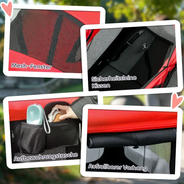 Hondenwagen hondenbuggy inklapbaar voor honden & katten tot 30 kg kattenbuggy met kussen netvensters 2 deuren opbergtas kattenwagen buggy rood 9
