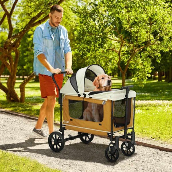 Hondenwagen opvouwbare hondenbuggy voor honden & katten tot 30 kg kattenbuggy met kussen, netvensters, 2 deuren, opbergtas, kattenwagen buggy bruin 2