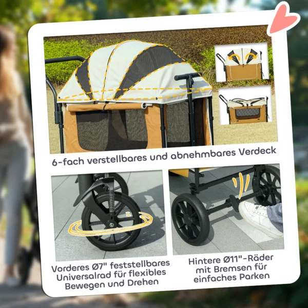 Hondenwagen opvouwbare hondenbuggy voor honden & katten tot 30 kg kattenbuggy met kussen, netvensters, 2 deuren, opbergtas, kattenwagen buggy bruin 7