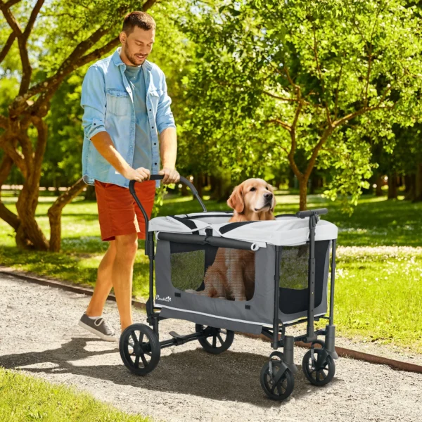 Hondenwagen opvouwbare hondenbuggy voor honden & katten tot 30 kg kattenbuggy met kussen, netvensters, 2 deuren, opbergtas, kattenwagen buggy donkergrijs 2