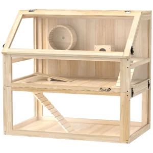 Houten hamsterkooi met 3 verdiepingen nagarium knaagdierkooi kleine dierenkooi met opklapbaar deksel loopwiel en accessoires, kleine dierenstal houten kooi kooi voor hamsters dwerg hamsters 80 x 50 x 76 cm natuurhout 1