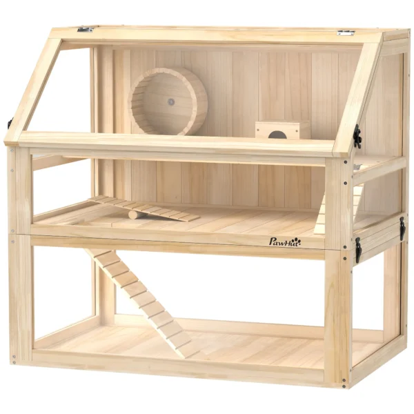Houten hamsterkooi met 3 verdiepingen nagarium knaagdierkooi kleine dierenkooi met opklapbaar deksel loopwiel en accessoires, kleine dierenstal houten kooi kooi voor hamsters dwerg hamsters 80 x 50 x 76 cm natuurhout 1