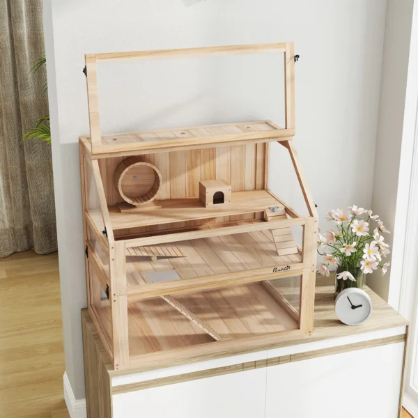 Houten hamsterkooi met 3 verdiepingen nagarium knaagdierkooi kleine dierenkooi met opklapbaar deksel loopwiel en accessoires, kleine dierenstal houten kooi kooi voor hamsters dwerg hamsters 80 x 50 x 76 cm natuurhout 10