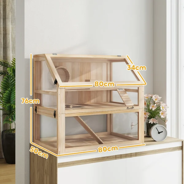Houten hamsterkooi met 3 verdiepingen nagarium knaagdierkooi kleine dierenkooi met opklapbaar deksel loopwiel en accessoires, kleine dierenstal houten kooi kooi voor hamsters dwerg hamsters 80 x 50 x 76 cm natuurhout 4