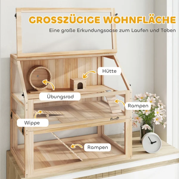 Houten hamsterkooi met 3 verdiepingen nagarium knaagdierkooi kleine dierenkooi met opklapbaar deksel loopwiel en accessoires, kleine dierenstal houten kooi kooi voor hamsters dwerg hamsters 80 x 50 x 76 cm natuurhout 5