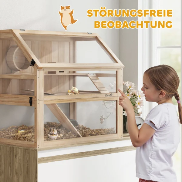 Houten hamsterkooi met 3 verdiepingen nagarium knaagdierkooi kleine dierenkooi met opklapbaar deksel loopwiel en accessoires, kleine dierenstal houten kooi kooi voor hamsters dwerg hamsters 80 x 50 x 76 cm natuurhout 8