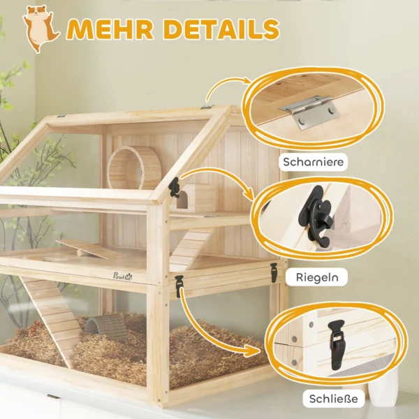 Houten hamsterkooi met 3 verdiepingen nagarium knaagdierkooi kleine dierenkooi met opklapbaar deksel loopwiel en accessoires, kleine dierenstal houten kooi kooi voor hamsters dwerg hamsters 80 x 50 x 76 cm natuurhout 9