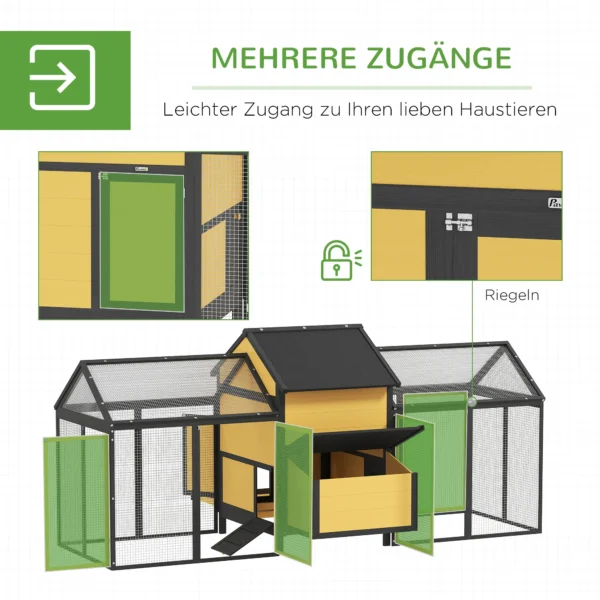 Houten kippenhok, pluimveestal met broedkast, dubbele ren met dienblad, omheining met helling, kippenhuis voor kippen, 247 x 125 x 113,5 cm, geel 6