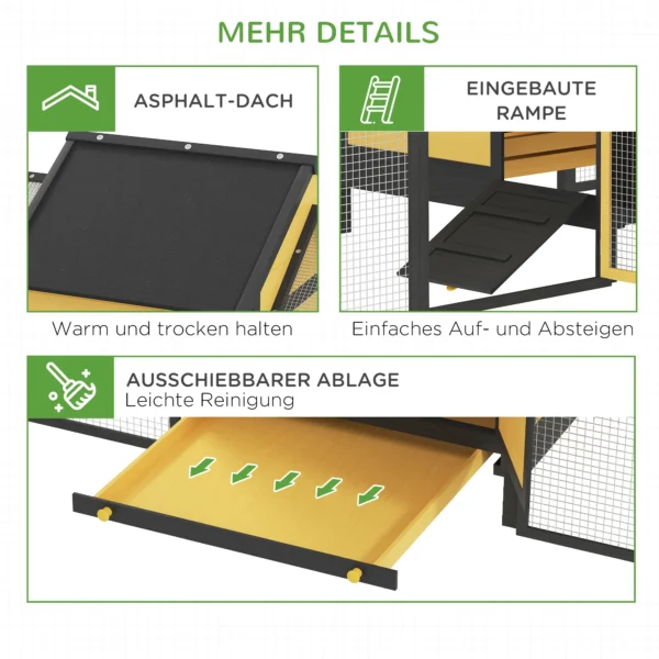 Houten kippenhok, pluimveestal met broedkast, dubbele ren met dienblad, omheining met helling, kippenhuis voor kippen, 247 x 125 x 113,5 cm, geel 8