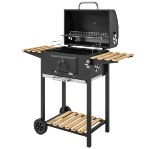 Houtskoolgrill van roestvrij staal, verrijdbare grillwagen met deksel, thermometer, grillrooster, wielen, handvat, verstelbare kolenpan, houtskoolgrillwagen met houten opslag, bbq smoker voor camping, tuin 112x58x107cm 1