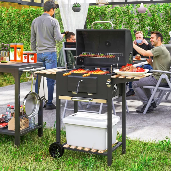 Houtskoolgrill van roestvrij staal, verrijdbare grillwagen met deksel, thermometer, grillrooster, wielen, handvat, verstelbare kolenpan, houtskoolgrillwagen met houten opslag, bbq smoker voor camping, tuin 112x58x107cm 2