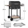 Houtskoolgrill van roestvrij staal, verrijdbare grillwagen met deksel, thermometer, grillrooster, wielen, handvat, verstelbare kolenpan, houtskoolgrillwagen met houten opslag, bbq smoker voor camping, tuin 112x58x107cm 4