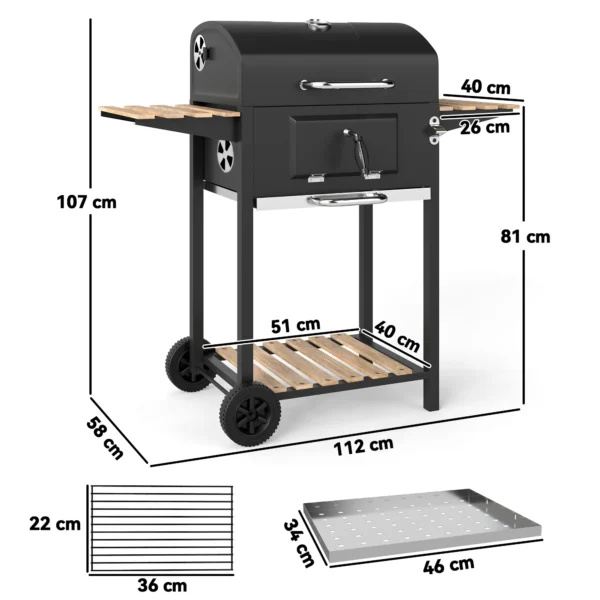 Houtskoolgrill van roestvrij staal, verrijdbare grillwagen met deksel, thermometer, grillrooster, wielen, handvat, verstelbare kolenpan, houtskoolgrillwagen met houten opslag, bbq smoker voor camping, tuin 112x58x107cm 4