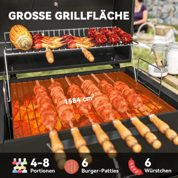 Houtskoolgrill van roestvrij staal, verrijdbare grillwagen met deksel, thermometer, grillrooster, wielen, handvat, verstelbare kolenpan, houtskoolgrillwagen met houten opslag, bbq smoker voor camping, tuin 112x58x107cm 5