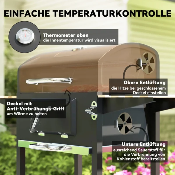 Houtskoolgrill van roestvrij staal, verrijdbare grillwagen met deksel, thermometer, grillrooster, wielen, handvat, verstelbare kolenpan, houtskoolgrillwagen met houten opslag, bbq smoker voor camping, tuin 112x58x107cm 7