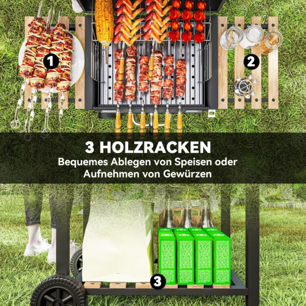 Houtskoolgrill van roestvrij staal, verrijdbare grillwagen met deksel, thermometer, grillrooster, wielen, handvat, verstelbare kolenpan, houtskoolgrillwagen met houten opslag, bbq smoker voor camping, tuin 112x58x107cm 8