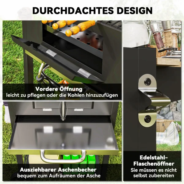 Houtskoolgrill van roestvrij staal, verrijdbare grillwagen met deksel, thermometer, grillrooster, wielen, handvat, verstelbare kolenpan, houtskoolgrillwagen met houten opslag, bbq smoker voor camping, tuin 112x58x107cm 9