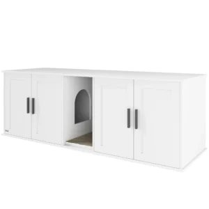 Kattenbak kast kattenhuis met deur scheidingswand kattentoilet kattenkast voor grote katten bijzettafel kattenhol 145 x 49 x 51 cm wit 1