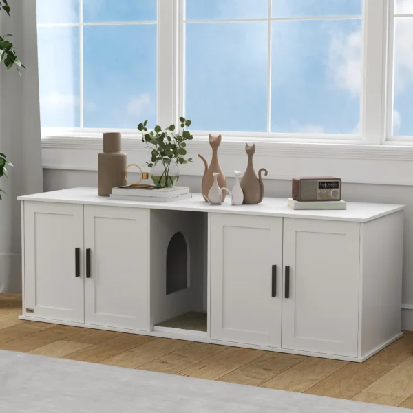 Kattenbak kast kattenhuis met deur scheidingswand kattentoilet kattenkast voor grote katten bijzettafel kattenhol 145 x 49 x 51 cm wit 10