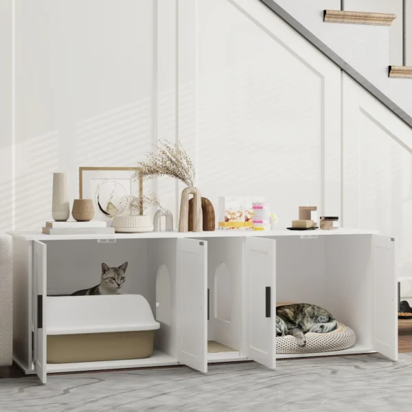 Kattenbak kast kattenhuis met deur scheidingswand kattentoilet kattenkast voor grote katten bijzettafel kattenhol 145 x 49 x 51 cm wit 2