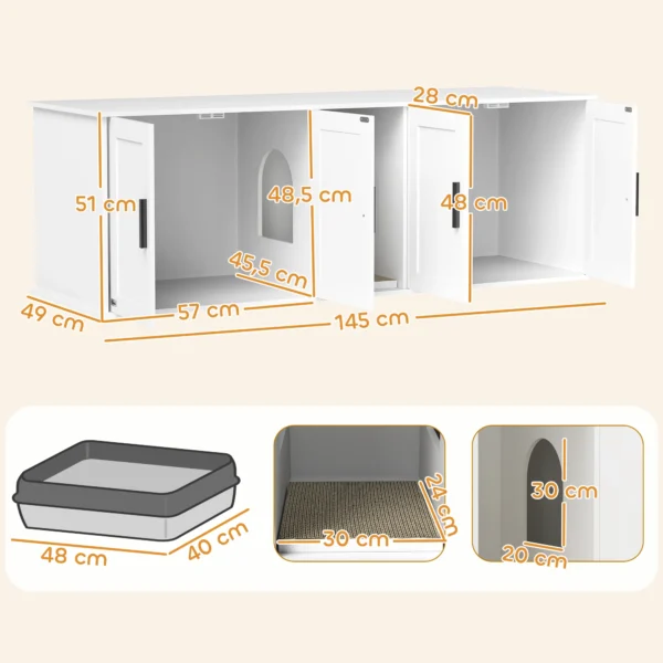 Kattenbak kast kattenhuis met deur scheidingswand kattentoilet kattenkast voor grote katten bijzettafel kattenhol 145 x 49 x 51 cm wit 4