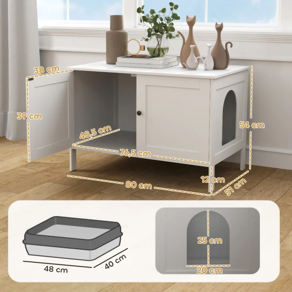 Kattenbak kast kattenhuis met deur scheidingswand kattentoilet kattenkast voor grote katten bijzettafel kattenhol 80 x 51 x 54 cm wit 4