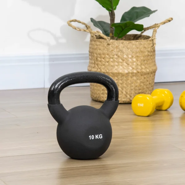 Kettlebell 10 kg gietijzer met neopreen coating, vloervriendelijk, ideaal voor fitness & krachttraining, zwart 9