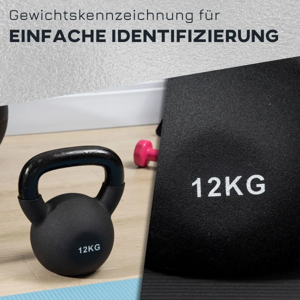 Kettlebell 12 kg gietijzer met neopreen coating vloervriendelijk, zwarte swing gewicht voor fitness & workout 6