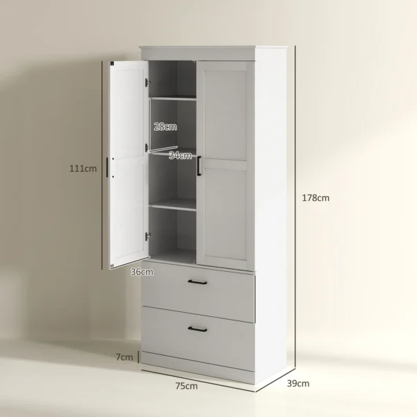 Keukenkast, hoge kast met verstelbare planken, 2 lades, keukenbuffet voor eetkamer, woonkamer, 75 x 39 x 178 cm, crèmewit 4