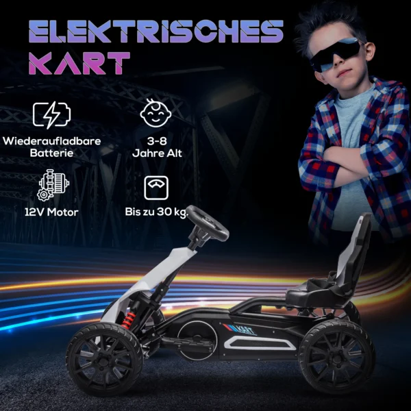 Kinder elektrische kart 12 v 3 5km/h drift kart met 2 voudig verstelbare modus, veiligheidsgordel, stuur, go kart kinderrijtuig voor 3 8 jaar kinderen, wit 5