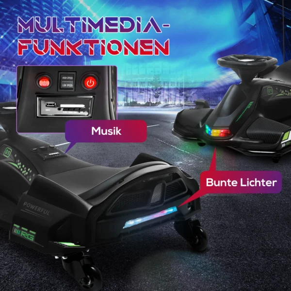 Kinder elektrische kart 12 v 3 8km/h drift kart met driftmodus, langzame start, go kart met lichtjes muziek, veiligheidsgordel kinderrijtuig voor 8 12 jaar kinderen zwart 6