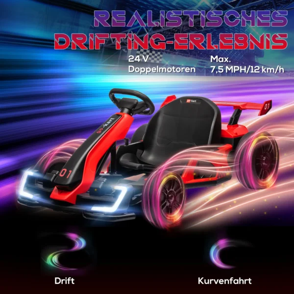 Kinder elektrische kart 24 v 6 12km/h drift kart met driftmodus, langzame start, 3 voudig verstelbare stoel go kart met display muziek, veiligheidsgordel kinderrijtuig voor 6 12 jaar kinderen rood 5
