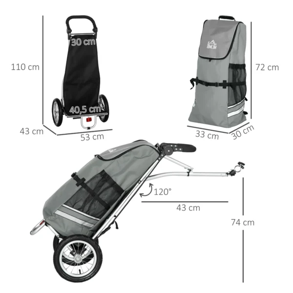 Kinderwagen & boodschappentrolley 2 in 1 voor fietsaanhanger, met verbindingsklemmen, 24,3kg, 55l, alu+oxford, grijs+zilver, 53x43x110cm 4