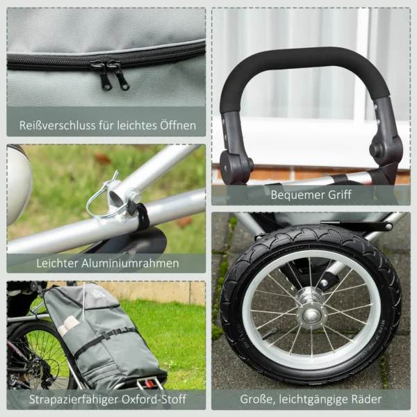 Kinderwagen & boodschappentrolley 2 in 1 voor fietsaanhanger, met verbindingsklemmen, 24,3kg, 55l, alu+oxford, grijs+zilver, 53x43x110cm 9