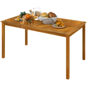 Klapbare tuintafel 150x85cm, weerbestendige balkontafel van hout, 6 personen klaptafel met paraplu gat, lamellenontwerp eettafel buiten, bijzettafel, terrastafel voor tuin balkon teak 1