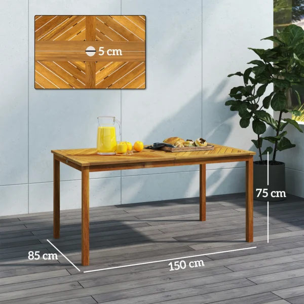 Klapbare tuintafel 150x85cm, weerbestendige balkontafel van hout, 6 personen klaptafel met paraplu gat, lamellenontwerp eettafel buiten, bijzettafel, terrastafel voor tuin balkon teak 4