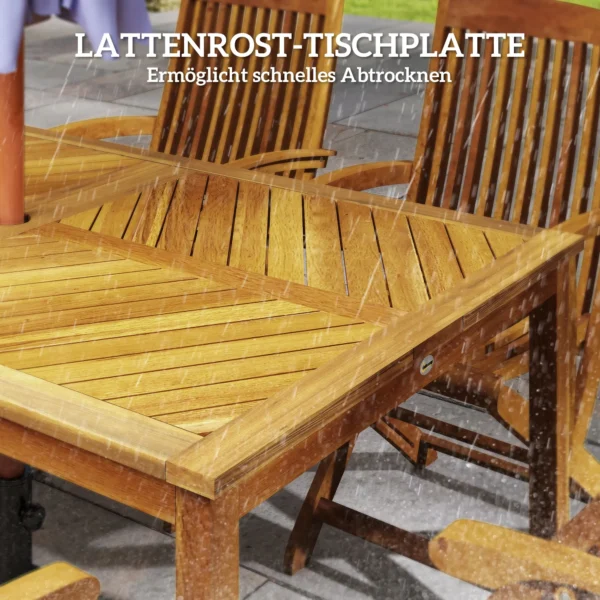 Klapbare tuintafel 150x85cm, weerbestendige balkontafel van hout, 6 personen klaptafel met paraplu gat, lamellenontwerp eettafel buiten, bijzettafel, terrastafel voor tuin balkon teak 7