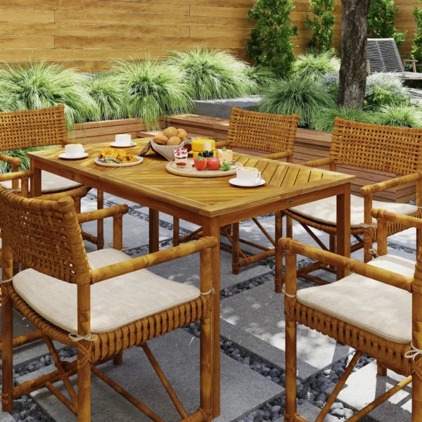 Klapbare tuintafel 150x85cm, weerbestendige balkontafel van hout, 6 personen klaptafel met paraplu gat, lamellenontwerp eettafel buiten, bijzettafel, terrastafel voor tuin balkon teak 9