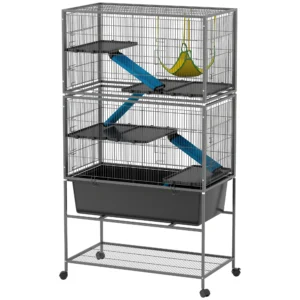 Kleindierkooi, knaagdierkooi frettenkooi met uitschuifbaar dienblad muizenkooi met hellingen, hangmat, wielen, plank, kooi met accessoires voor eekhoorns, dwerg hamsters, chinchilla donkergrijs 1