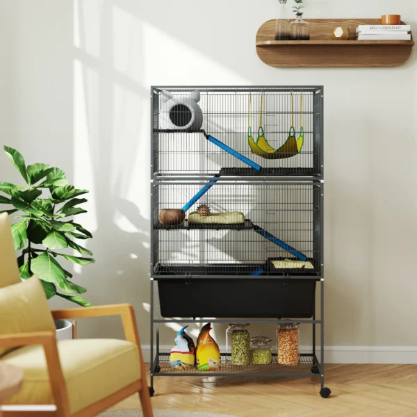 Kleindierkooi, knaagdierkooi frettenkooi met uitschuifbaar dienblad muizenkooi met hellingen, hangmat, wielen, plank, kooi met accessoires voor eekhoorns, dwerg hamsters, chinchilla donkergrijs 10
