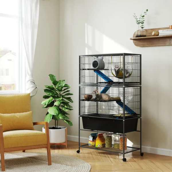 Kleindierkooi, knaagdierkooi frettenkooi met uitschuifbaar dienblad muizenkooi met hellingen, hangmat, wielen, plank, kooi met accessoires voor eekhoorns, dwerg hamsters, chinchilla donkergrijs 2