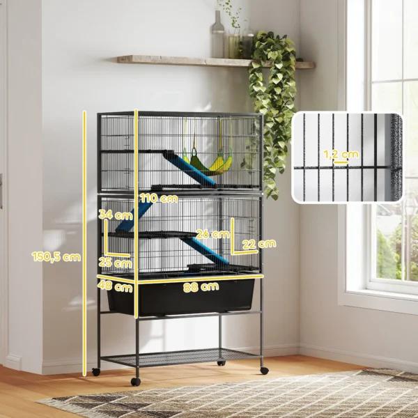 Kleindierkooi, knaagdierkooi frettenkooi met uitschuifbaar dienblad muizenkooi met hellingen, hangmat, wielen, plank, kooi met accessoires voor eekhoorns, dwerg hamsters, chinchilla donkergrijs 4
