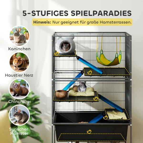 Kleindierkooi, knaagdierkooi frettenkooi met uitschuifbaar dienblad muizenkooi met hellingen, hangmat, wielen, plank, kooi met accessoires voor eekhoorns, dwerg hamsters, chinchilla donkergrijs 5